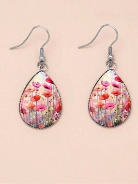 Floral Teardrop Pink and Red Dangle Earring
